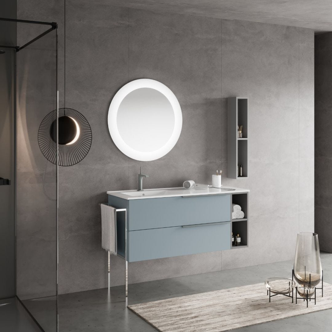 120Cm Himmelblauer Wandmontierter Badezimmerschrank, Waschbecken, Runder  Spiegel | New York
